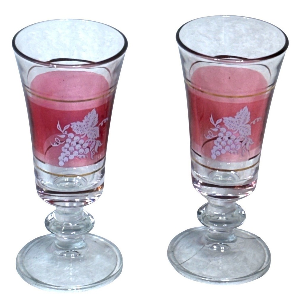 Vintage Cranberry Flash Grape Etched Cordial Glasses Gold Trim Set of 2